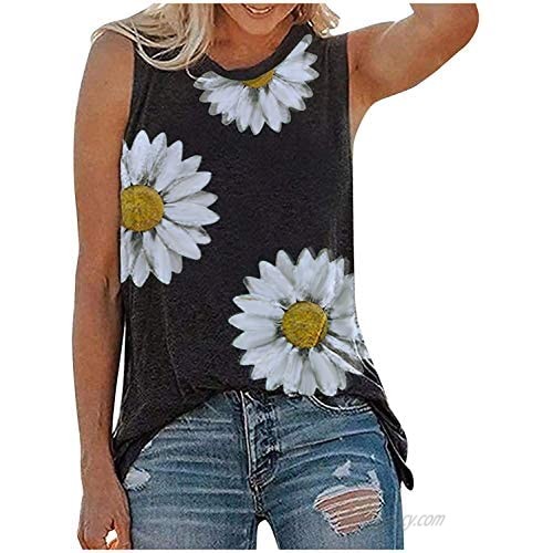 Yanekop Womens Summer Cute Tank Top Sunflower Printed Sleeveless Shirt Casual Loose Tee