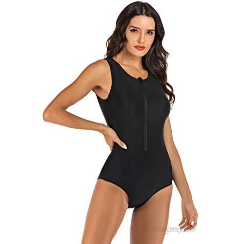 Adorall Women's One Piece Fashion Rash Guard Zip Front Sleeveless Sport Swimsuit Suits Swimwear