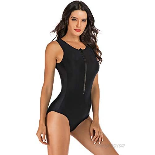 Adorall Women's One Piece Fashion Rash Guard Zip Front Sleeveless Sport Swimsuit Suits Swimwear