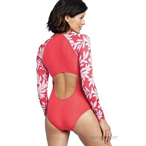 All in Motion Women's Long Sleeve One Piece Rashguard - (Red Floral) -
