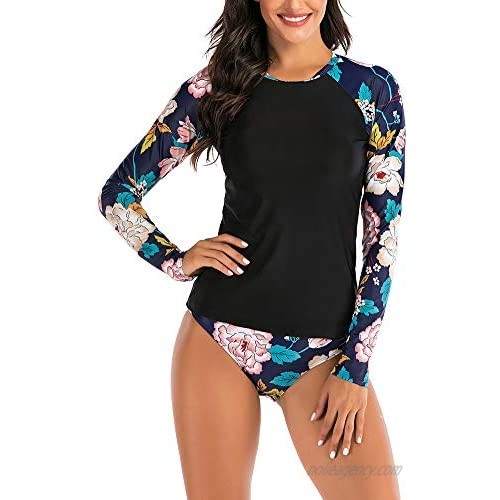BeneGreat Womens Long Sleeve Vibrant Print Rashguard Shirt Side Ties Color Block Tankini Swimsuit