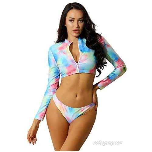 CHICTRY Women 2 Piece Tie-dye Print Swimsuit Zipper Front Long Sleeve Rash Guard Bathing Suits