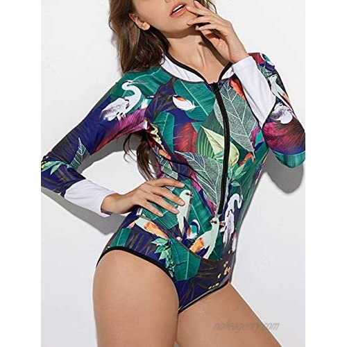 FEOYA Women Onesie Swimsuit Long Sleeve Rash Guard UV Protection Floral Surfing Swimwear