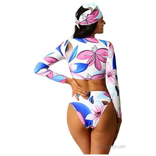Kaerm Womens 3 Pcs Floral Pattern Swimwear Long Sleeve Rash Guard High Waist Bikini Bottom Scarf Beachwear
