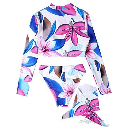 Kaerm Womens 3 Pcs Floral Pattern Swimwear Long Sleeve Rash Guard High Waist Bikini Bottom Scarf Beachwear