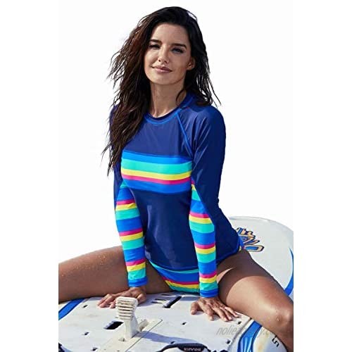 MMMJY Women's Long Sleeve Rashguard Tankini Swimsuit Color Block Print Surfing Bathing Suit Athletic Swim Shirts Swimwear