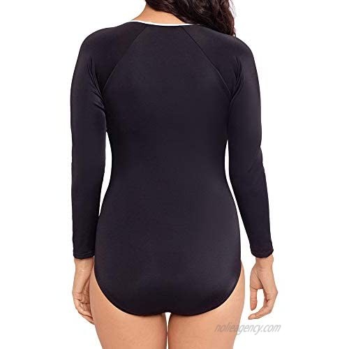 Reebok Women's Swimwear Long Sleeve Colorblock Zipper Front Rashguard One Piece Swimsuit Black/White 18
