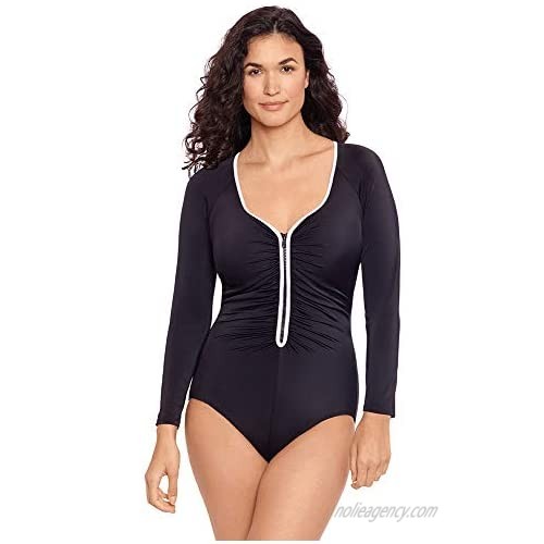 Reebok Women's Swimwear Long Sleeve Colorblock Zipper Front Rashguard One Piece Swimsuit  Black/White  18