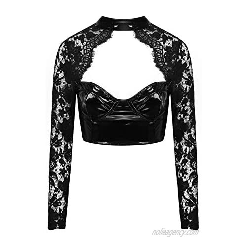 renvena Womens Lace Sheer Patchwork Shrug Leather Long Sleeve T Shirt Crop Top Clubwear