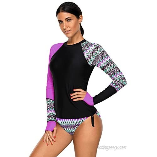 Shawhuwa Womens Long Sleeve Vibrant Print Rash Guard Swim Shirt Tankini Swimsuit