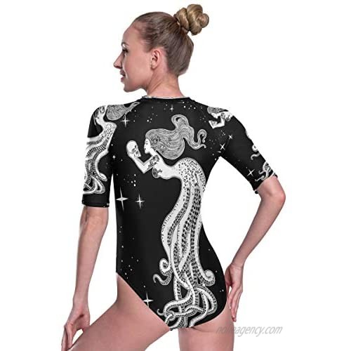 SLHFPX Women's One Piece Short Sleeve Rashguard Swimsuit Beautiful Octopus Girl with Sugar Skull Travel Surf Swimwear