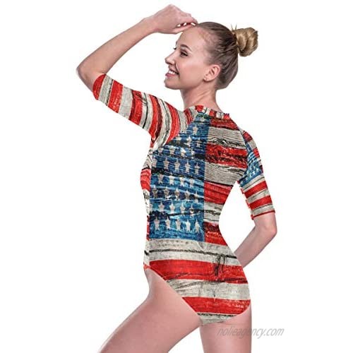 SLHFPX Womens Zip Up Printed Short Sleeve 1 Piece Rash Guard Swimsuit American Flag Vintage Wood Swimwear