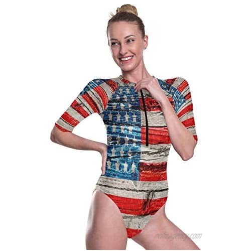 SLHFPX Womens Zip Up Printed Short Sleeve 1 Piece Rash Guard Swimsuit American Flag Vintage Wood Swimwear
