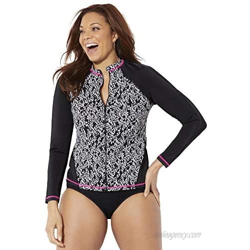 Swimsuits For All Women's Plus Size Chlorine Resistant Zip Front Long Sleeve Swim Shirt 12 Speckle