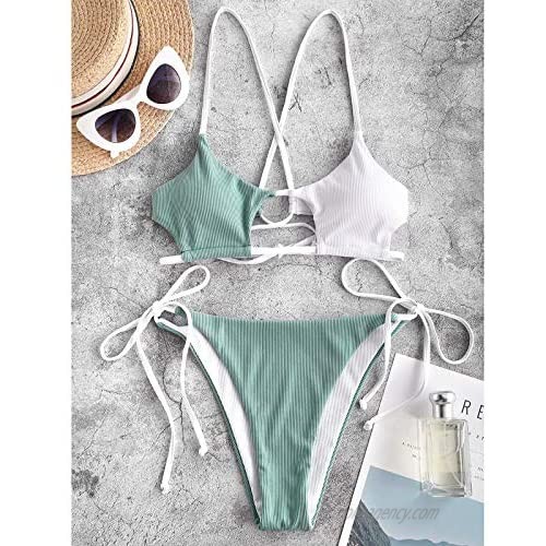 Without brand Women's V-Wire Padded Ribbed High Cut Cami Bikini Set Two Piece Stitching Color Scoop Neck Swimsuit