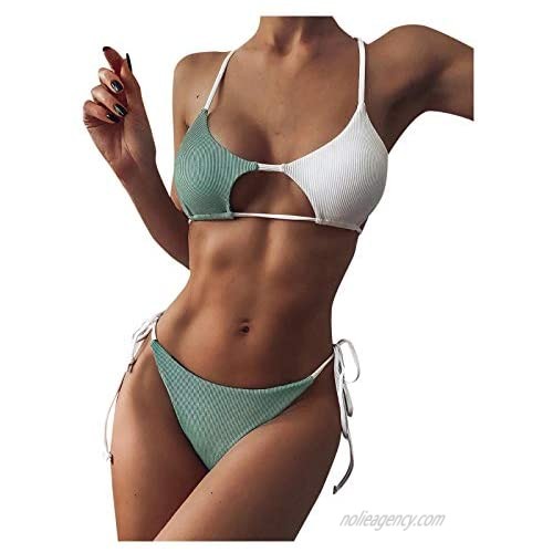Without brand Women's V-Wire Padded Ribbed High Cut Cami Bikini Set Two Piece Stitching Color Scoop Neck Swimsuit
