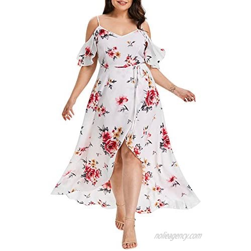 wodceeke V-Neck Strapless Short-Sleeve Maxi Dress for Women Boho Floral Plus Size Dress Maternity Beach Split Dress