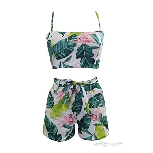 Women Two Piece Tank Swimsuit Leaf Print Split Bikini Sets Push Up Padded Tie Waist Beach Bathing Suit with Boyshort
