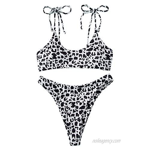 Women's 2 Piece Triangle Bikini High Cut Bathing Suit Cute Leopard Print Swimsuit Adjustable Brazilian Swimwear