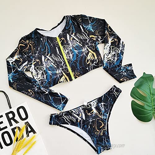 Women's Long Sleeve Swim Shirt Rash Guard Crop Top Tankinis Set High Cut Bottom Bathing Swimsuit Tummy Control Swimwear