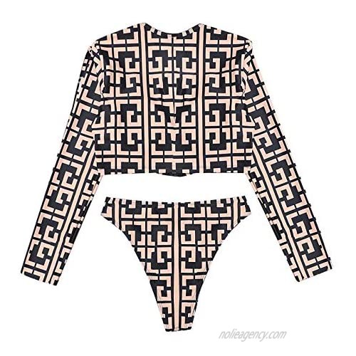 Women's Long Sleeve Zipper Swim Shirt Rash Guard Crop Top Tankinis Set High Cut Bottom Bathing Print Swimsuit Swimwear