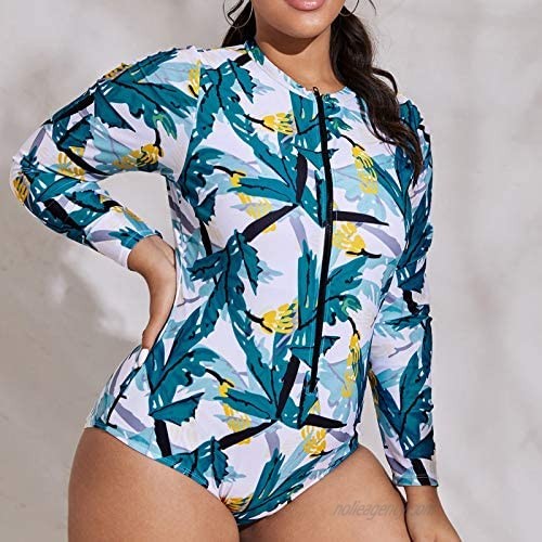 Womens Plus Size Long Sleeve Rash Guard UV UPF 50+ Sun Protection Printed Zipper Surfing One Piece Swimsuit L-XXXXL