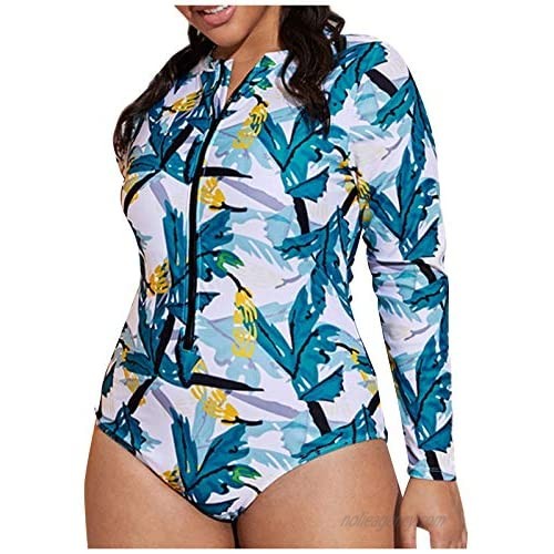 Womens Plus Size Long Sleeve Rash Guard UV UPF 50+ Sun Protection Printed Zipper Surfing One Piece Swimsuit L-XXXXL