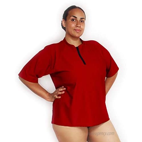 Women's Rash Guard Plus Size Loose Fit +50UPF Zip Neck 16w to 30w Black Swim Shirt Short Sleeve Sun Top (Red 22w)