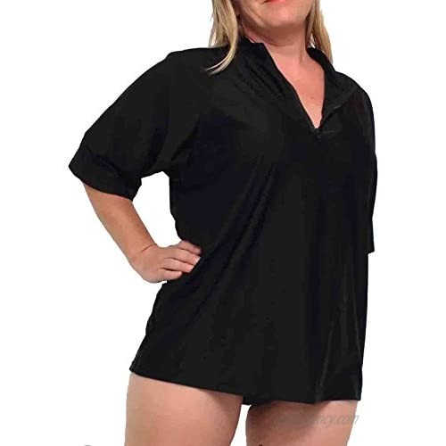 Women's Rash Guard Plus Size Loose Fit +50UPF Zip Neck 16w to 30w Black Swim Shirt Short Sleeve Red Sun Top
