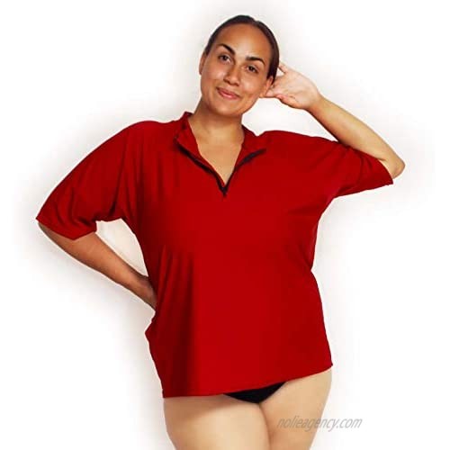 Women's Rash Guard Plus Size Loose Fit +50UPF Zip Neck 16w to 30w Black Swim Shirt Short Sleeve Sun Top (Red 22w)
