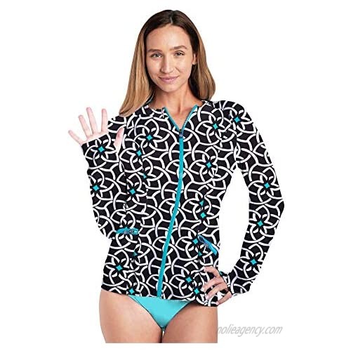 Women's Zip Front Long Sleeve Rash Guard One Piece UPF 50+ UV/Sun Protection Factor(SPF) Comfortable Active Wear for Women (Blue Leaf  M)