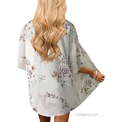 WUHOVILA Women's Kimonos Summer Floral Print Kimonos Loose Half Sleeve Chiffon Cardigan Blouses Casual Cover Up