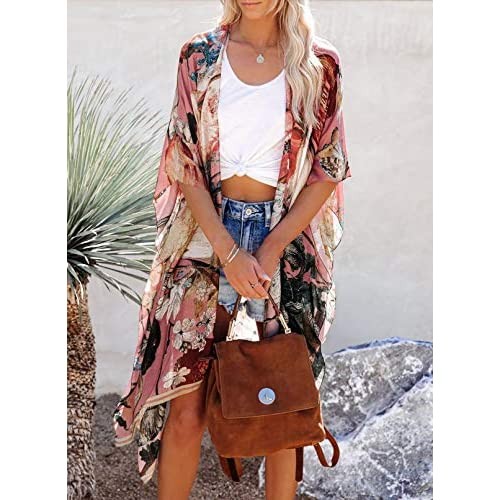 Azokoe Women Floral Kimono Cardigans Casual Loose Open Front Swimsuit Cover Ups Tops