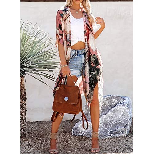 Azokoe Women Floral Kimono Cardigans Casual Loose Open Front Swimsuit Cover Ups Tops