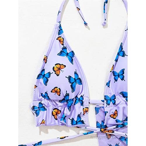 Cheeky 3 Piece Swimsuits for Women with Wrap Skirt Cover Up Sexy Halter String Triangle Bikini Bathing Suits with Print