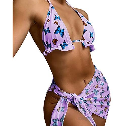 Cheeky 3 Piece Swimsuits for Women with Wrap Skirt Cover Up Sexy Halter String Triangle Bikini Bathing Suits with Print