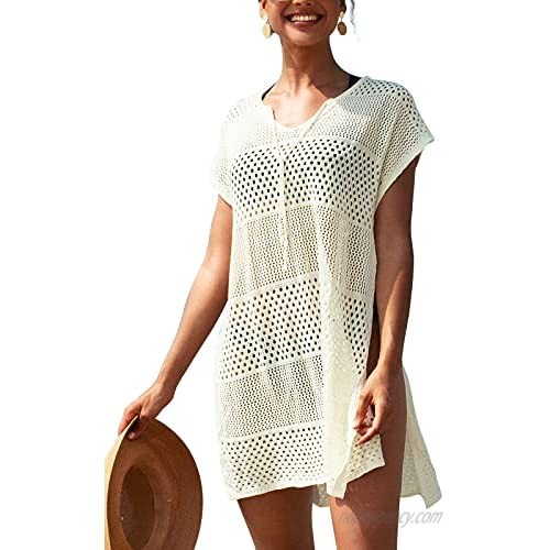 CUPSHE Women's Crochet Hollow Out Side Slits Knot Front Above Knee Length Cover Up