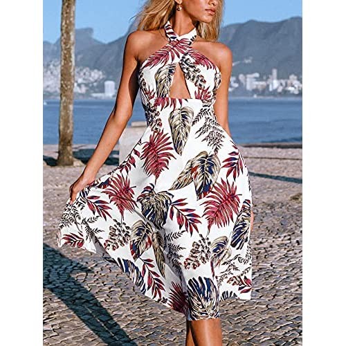 CUPSHE Women's Tropical Halter Vacation Mid Length Dress