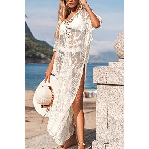 CUPSHE Women's White Crochet Kaftan Side Slits Hollow Out Half Sleeves Ankle Length Cover Up