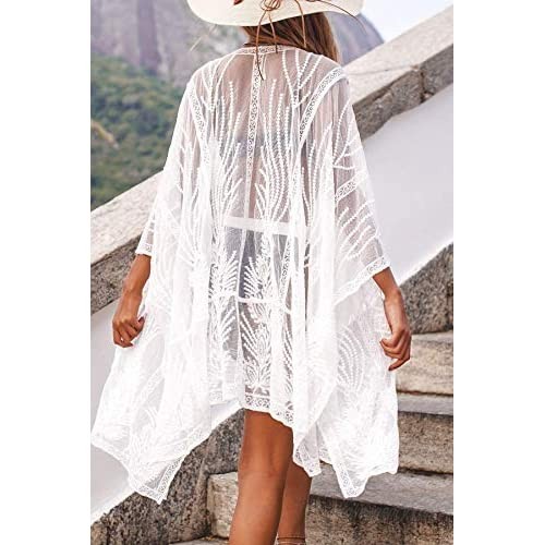 CUPSHE Women's White Sheer Embroidery Kimono Long Sleeves Cover Up