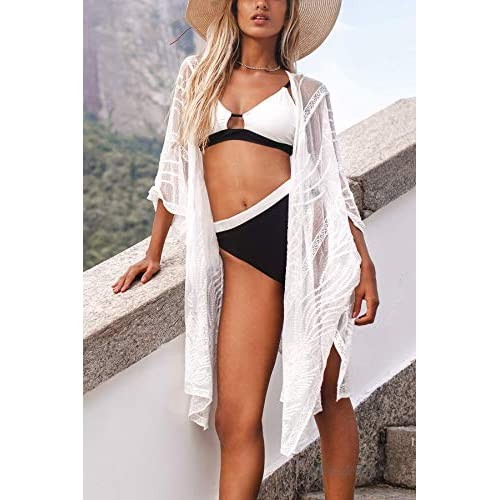 CUPSHE Women's White Sheer Embroidery Kimono Long Sleeves Cover Up