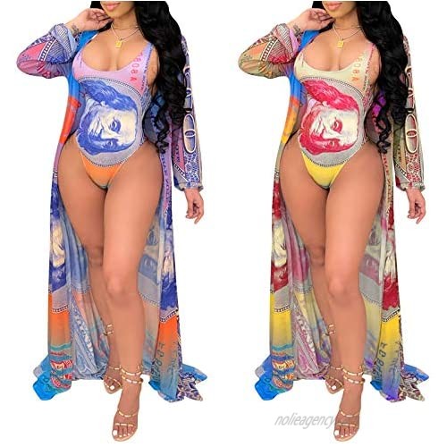 Ekaliy Women's Sexy 2 Piece Bathing Suit Set Money Print Mesh Cover Up One Piece Swimsuits Bikini Long Beach Blouses