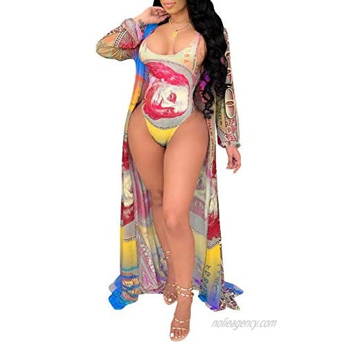 Ekaliy Women's Sexy 2 Piece Bathing Suit Set Money Print Mesh Cover Up One Piece Swimsuits Bikini Long Beach Blouses