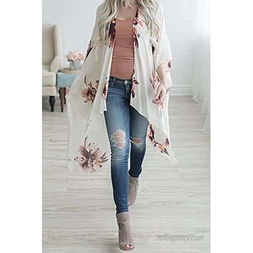 Geckatte Womens Floral Print 3/4 Sleeve Cardigan Kimono Capes Beach Cover Up Tops