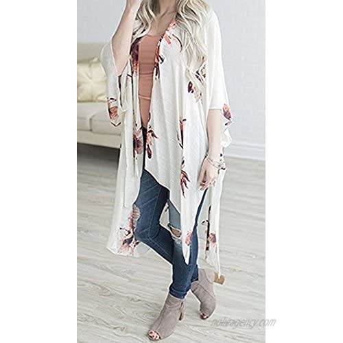 Geckatte Womens Floral Print 3/4 Sleeve Cardigan Kimono Capes Beach Cover Up Tops