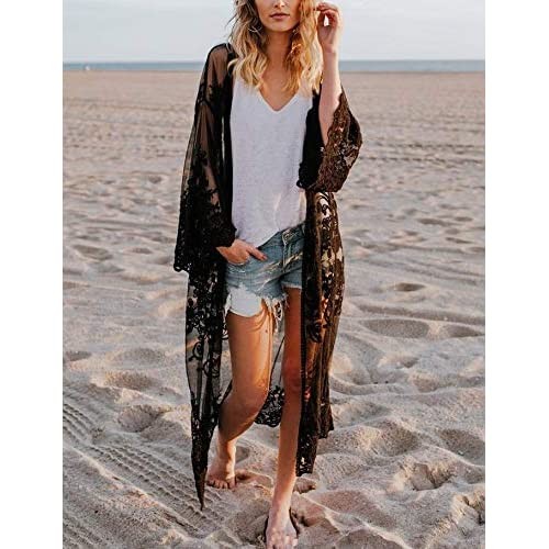Kimono Beach Cover up Womens Summer Long Embroidered Lace Cardigan Half Sleeves White Blouse