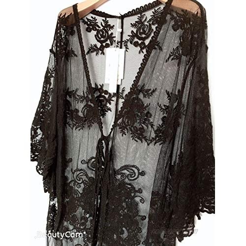 Kimono Beach Cover up Womens Summer Long Embroidered Lace Cardigan Half Sleeves White Blouse