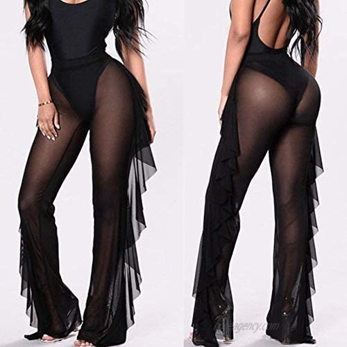 Michellecmm Women Sexy See Through Sheer Mesh Loose Bottoms Swimsuit Bikini Cover Up High Waist Wide Leg Pant …
