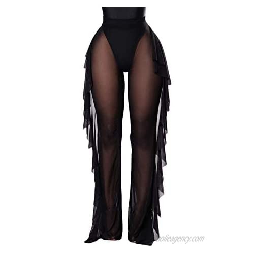 Michellecmm Women Sexy See Through Sheer Mesh Loose Bottoms Swimsuit Bikini Cover Up High Waist Wide Leg Pant …