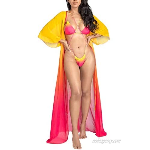 pesfeel Swimsuit Cover Ups for Women Sexy Shawl Open Front Long 3 Pieces High Waist Maxi Thong Bikini Set